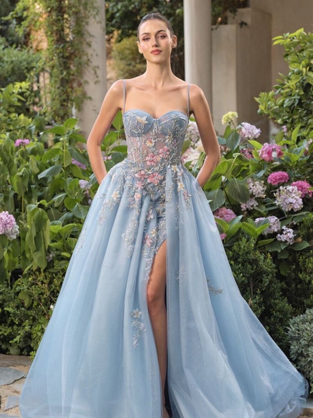N/A New Blue Sleeveless A-Line Beads Embellished Festive Floral Maxi Gown A1490